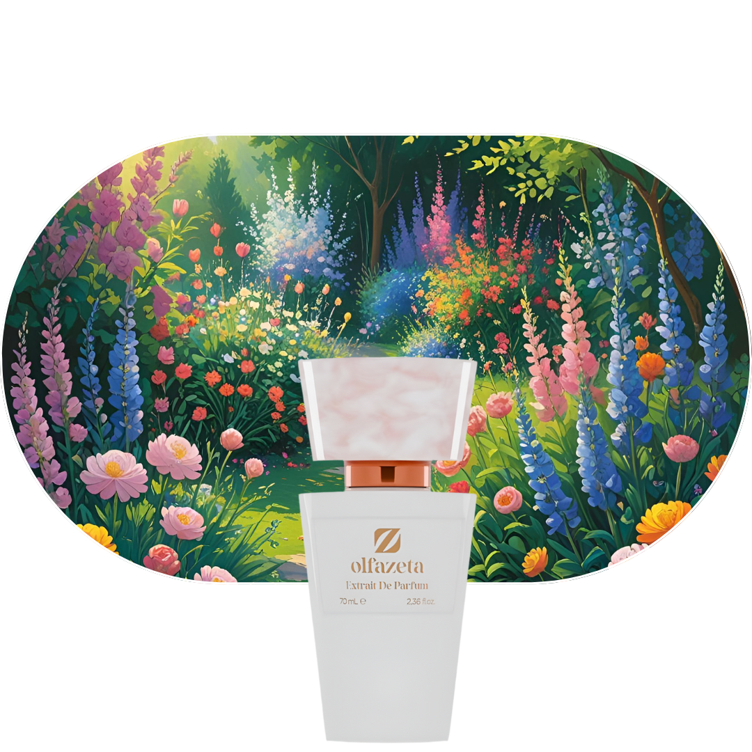 Chogan Parfum 98 mit floralen und fruchtigen Noten, elegant präsentiert vor buntem Blumengarten-Hintergrund.