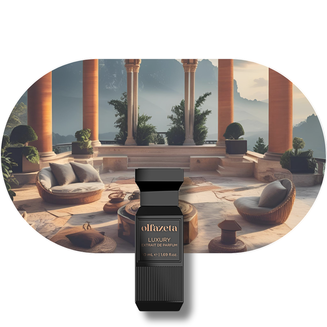 Chogan Parfum 102 mit orientalischem Amber-Akkord, Ylang-Ylang, Vanille und Sandelholz in luxuriösem Flakon vor eleganter Terrasse.