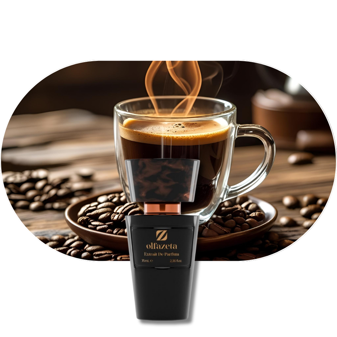 Chogan Parfum 105 Duft mit Kaffee-, Rosen- und Vanillenoten in elegantem Flakon vor dampfendem Kaffee und Kaffeebohnen
