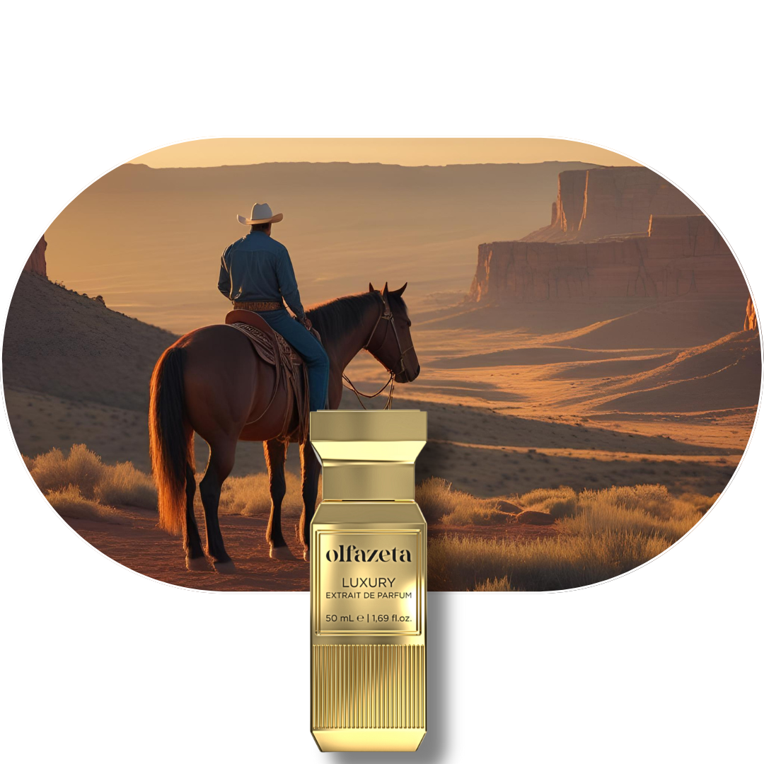 Chogan Parfum 106 Luxusduft mit Ambra-Leder-Noten vor westernartiger Landschaft mit Reiter und Pferd bei Sonnenuntergang