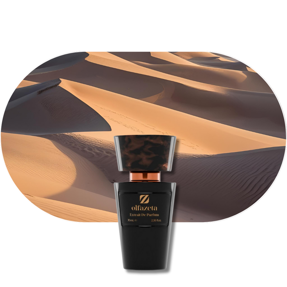 Chogan Parfum 114 Flakon mit orientalischem Duft vor Wüstendünen Kulisse