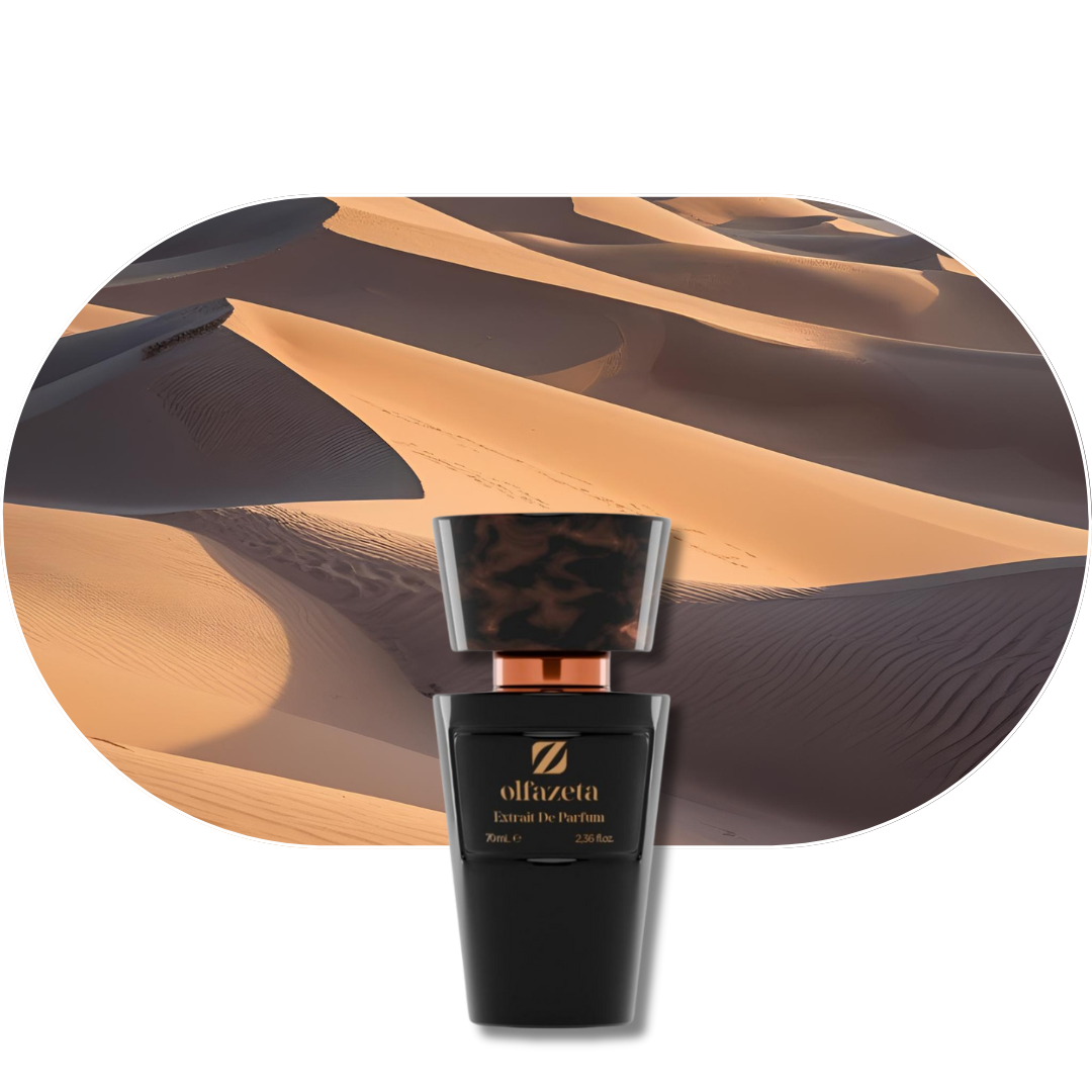 Chogan Parfum 114 Flakon mit orientalischem Duft vor Wüstendünen Kulisse