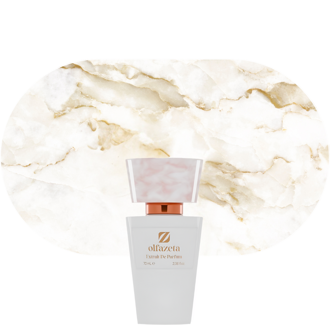 Chogan Parfum 115 Duftflasche vor marmoriertem Hintergrund, elegant und weiblich gestaltet, intensiver Duft mit Bergamotte, Jasmin und Moschusnoten.