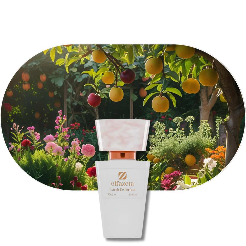 Chogan Parfum 116 Flakon vor Obstbaum und Blumen, blumig-fruchtiger Duft für selbstbewusste Frauen
