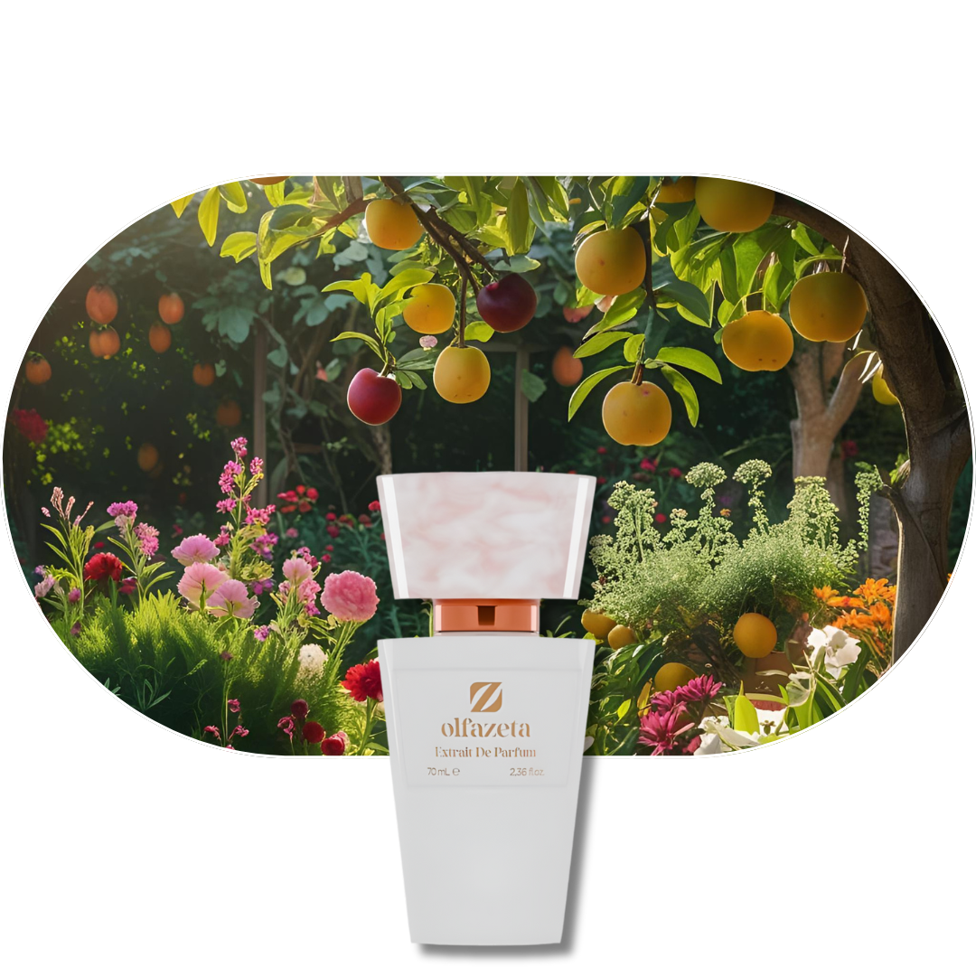 Chogan Parfum 116 Flakon vor Obstbaum und Blumen, blumig-fruchtiger Duft für selbstbewusste Frauen