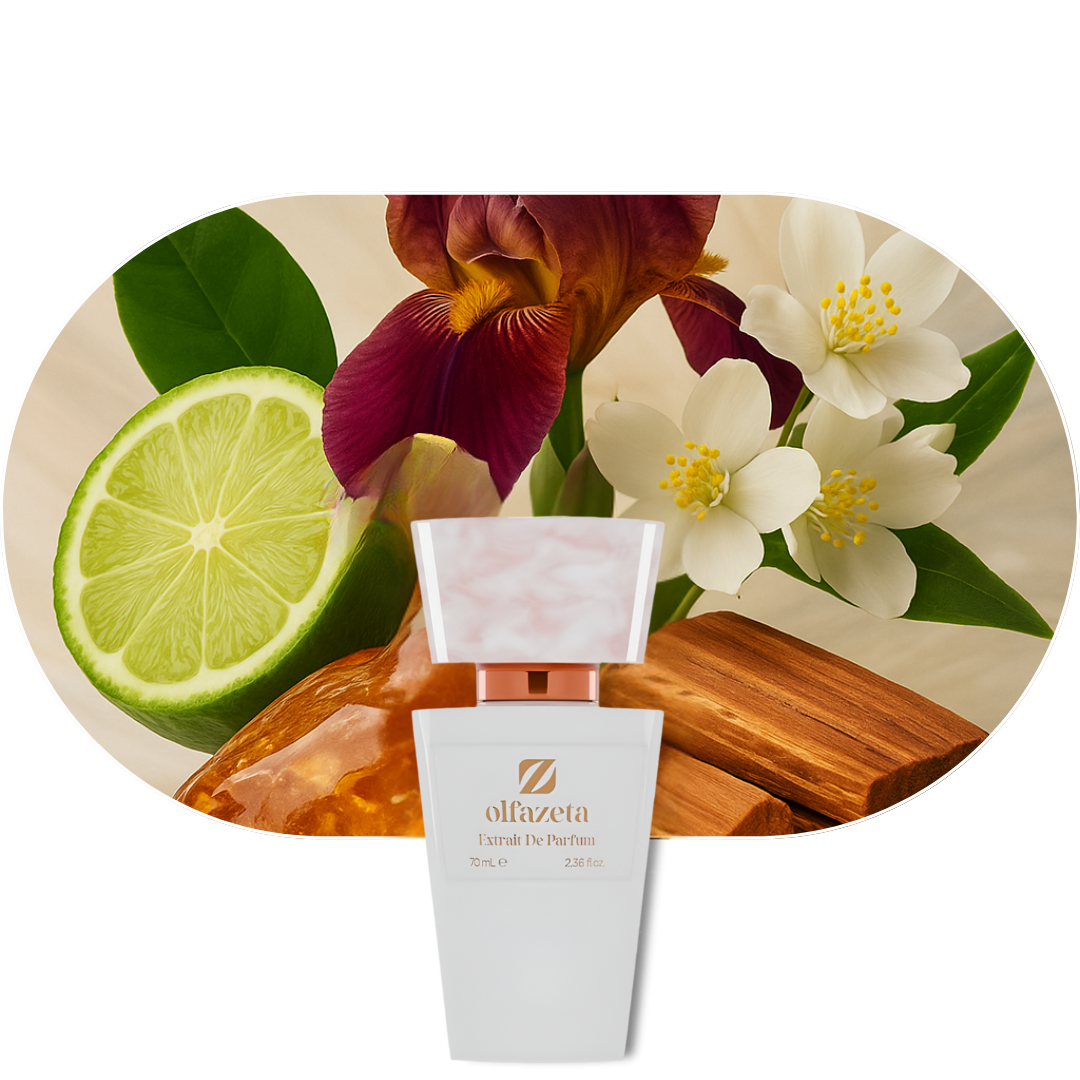 Chogan Parfum 121 Weißer Flakon vor Holz, Zitrusfrüchten und Blüten, Duftnoten Aldehyde, Bergamotte, Iris, Jasmin, Ambra, Moschus