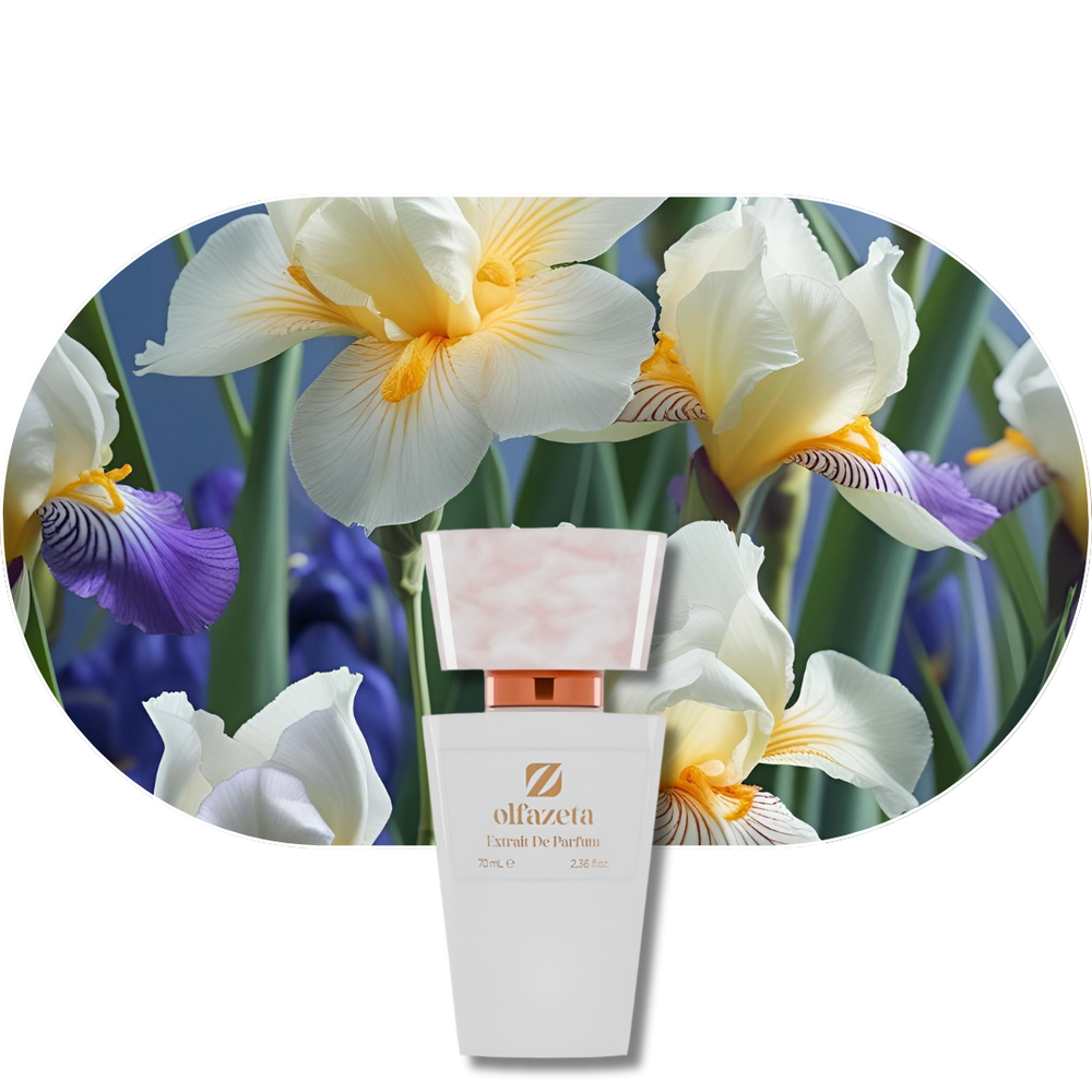 Chogan Parfum 131 weißer Flakon vor Iris- und Jasminblüten, blumig-eleganter Duft mit Ambra und Tonkabohne
