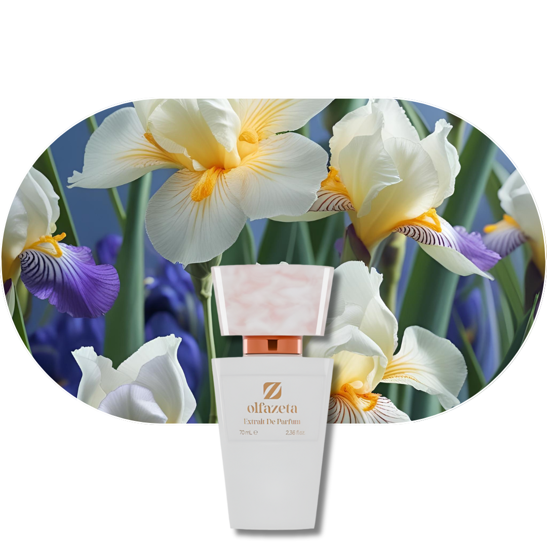 Chogan Parfum 131 weißer Flakon vor Iris- und Jasminblüten, blumig-eleganter Duft mit Ambra und Tonkabohne