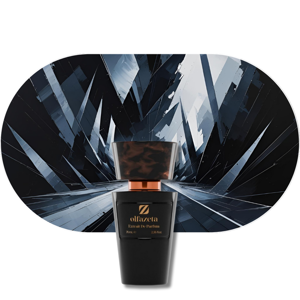 Chogan Parfum 135 Flakon vor dunklem, facettiertem Hintergrund mit elegantem Design