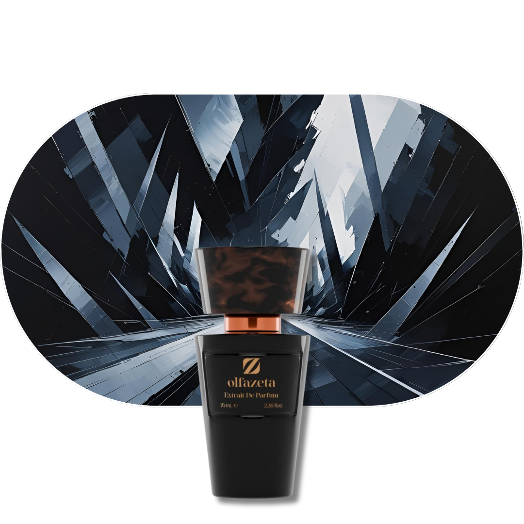 Chogan Parfum 135 Flakon vor dunklem, facettiertem Hintergrund mit elegantem Design