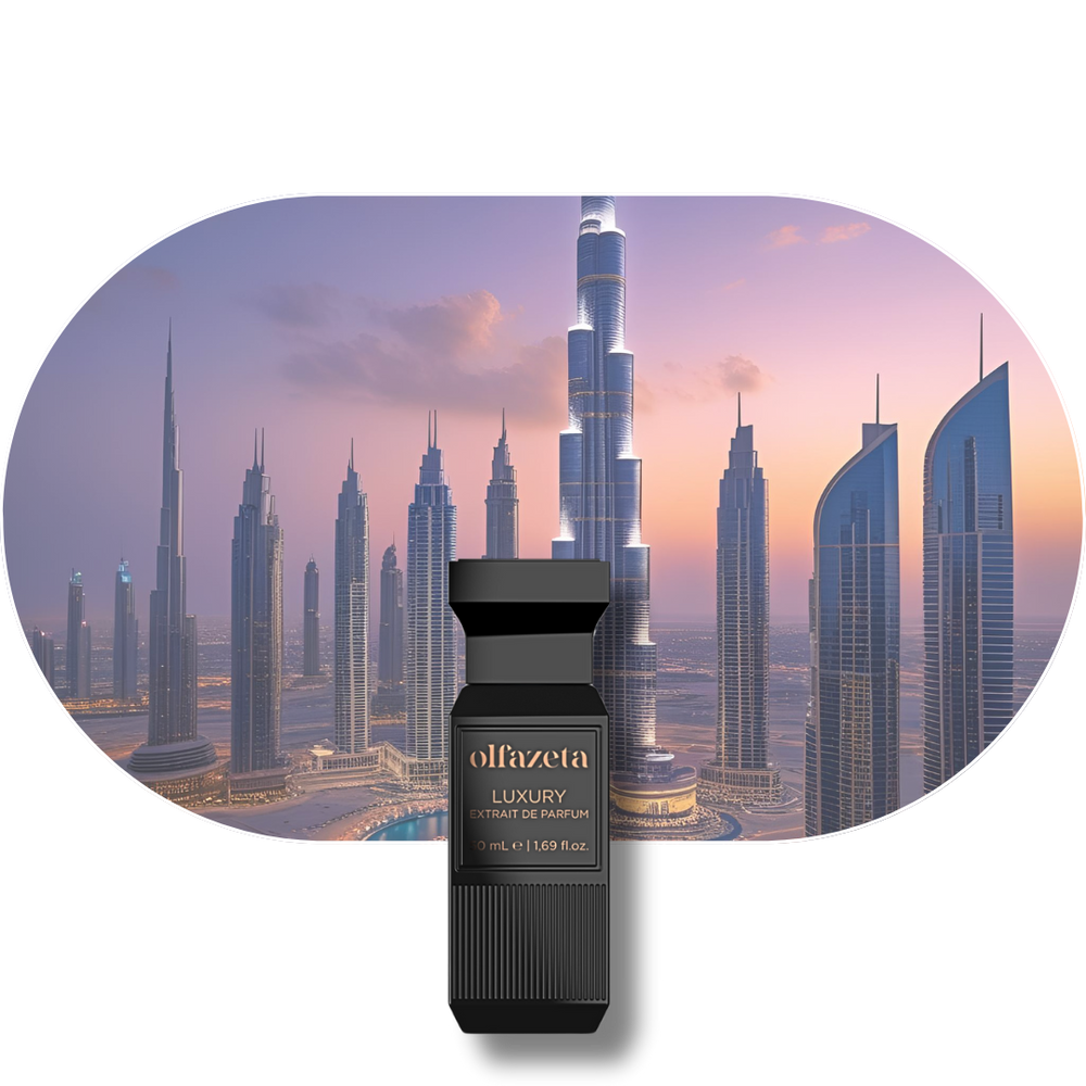 Flakon von Chogan Parfum 138 vor Skyline mit Sandelholz, Amber und Vanille Duftnoten