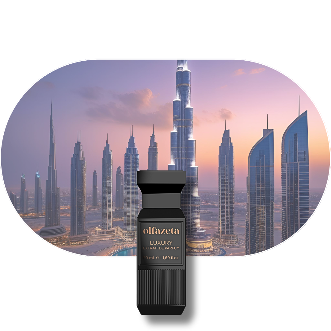 Flakon von Chogan Parfum 138 vor Skyline mit Sandelholz, Amber und Vanille Duftnoten