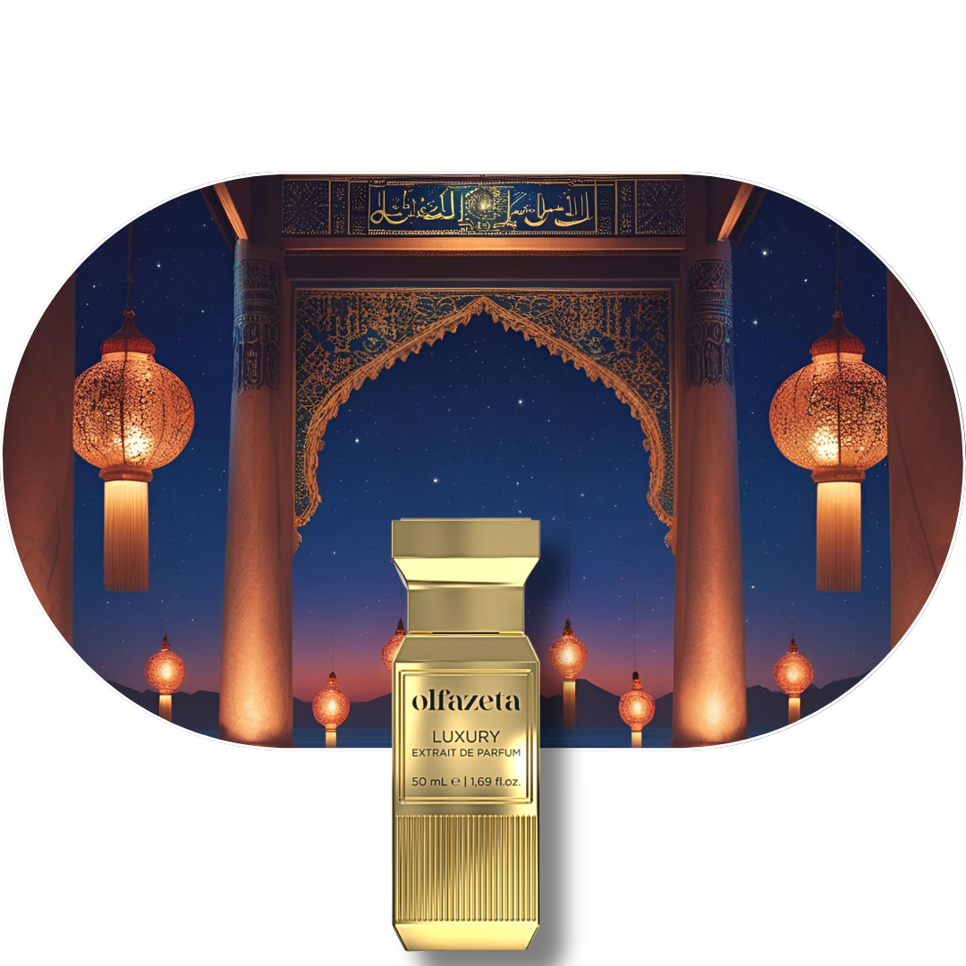 Chogan Parfum 141 orientalischer Unisex-Duft mit fruchtigen, würzigen und holzigen Noten in luxuriöser goldener Flasche vor orientalischem Nachthimmel