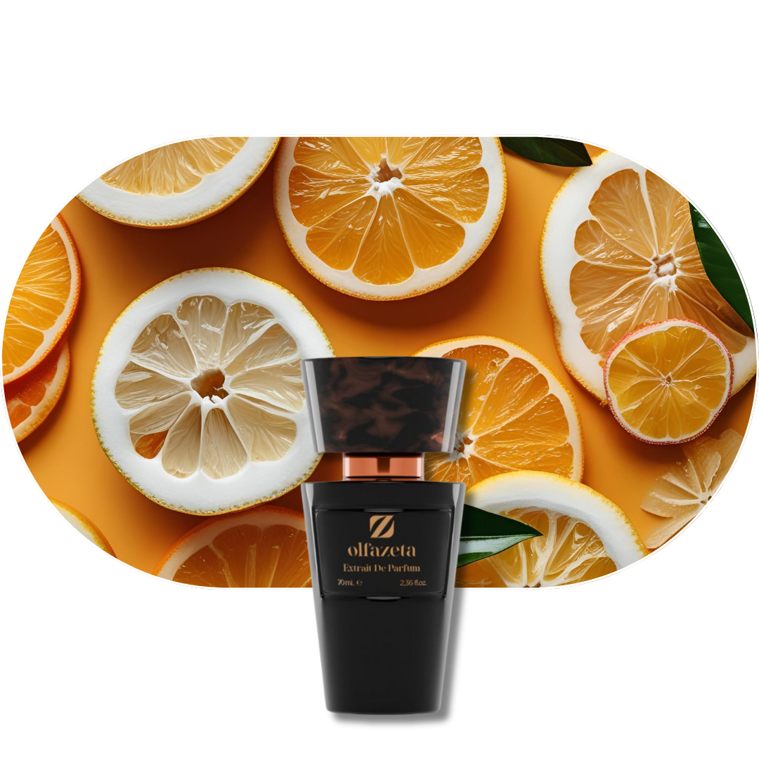 Chogan Parfum 246 mit Zitrusnoten von Ananas, Bergamotte und Mandarine vor orangem Fruchthintergrund