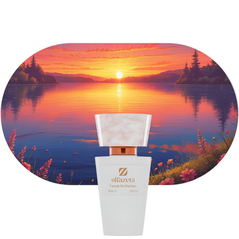 Chogan Parfum 263 mit samtigem, süßem Duft aus Alpenveilchen, Jasmin und Vanille vor Sonnenuntergang am See.