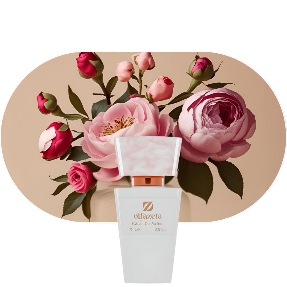 Chogan Parfum 277 weißer Flakon vor rosa Pfingstrosen und Osmanthusblüten, femininer blumiger Duft mit Sandelholz und Patchouli