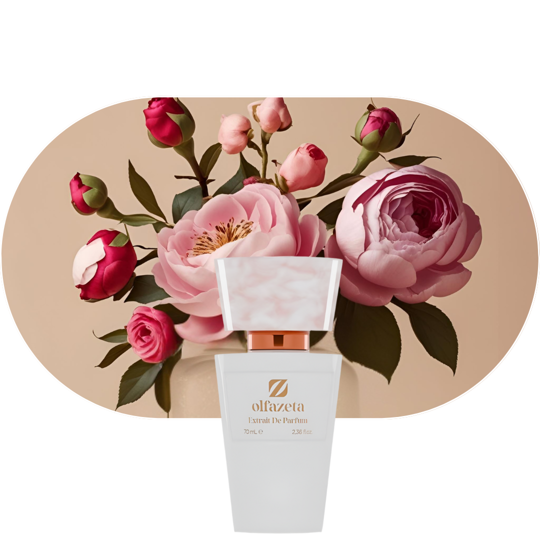 Chogan Parfum 277 weißer Flakon vor rosa Pfingstrosen und Osmanthusblüten, femininer blumiger Duft mit Sandelholz und Patchouli