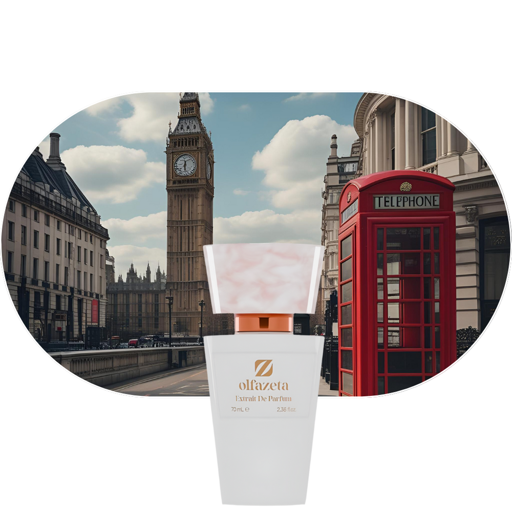 Chogan Parfum 295 mit London-Skyline, Big Ben und roter Telefonzelle, elegant und zeitlos, fruchtige und florale Duftnoten