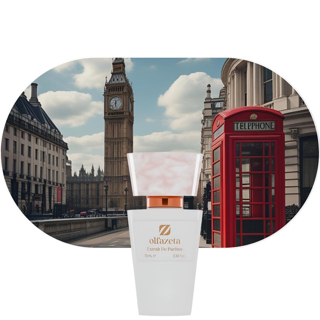 Chogan Parfum 295 mit London-Skyline, Big Ben und roter Telefonzelle, elegant und zeitlos, fruchtige und florale Duftnoten