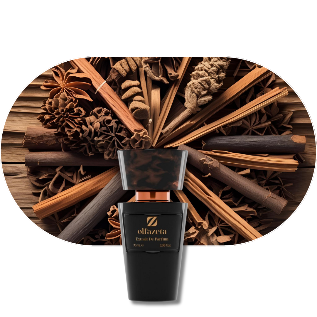Chogan Parfum 72 Flakon mit würzigen Duftnoten von Zeder, Patchouli, Sandelholz und Vanille im Hintergrund aus Holz und Gewürzen