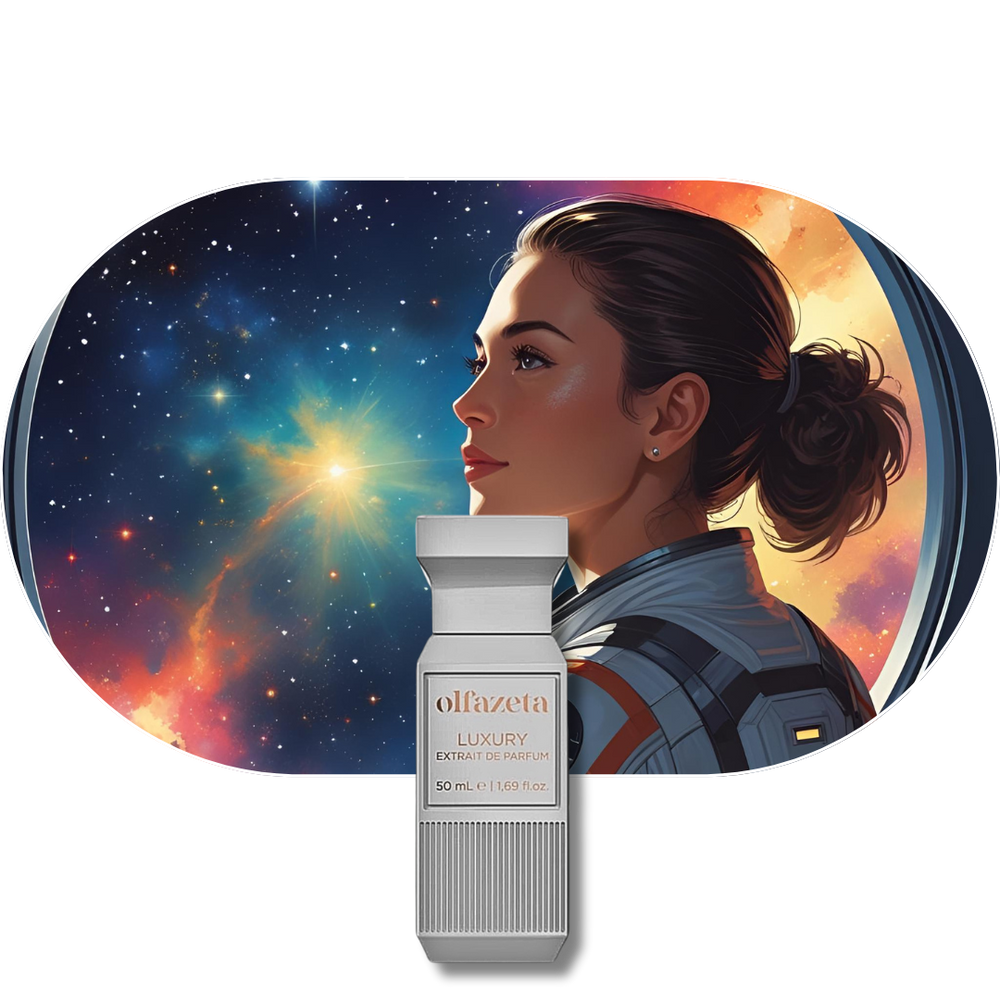 Porträt einer Frau im Raumanzug vor einem Sternenhimmel, thematisch zum Chogan Parfum Astral für Frauen, die von interstellaren Reisen und innerem Licht träumen.