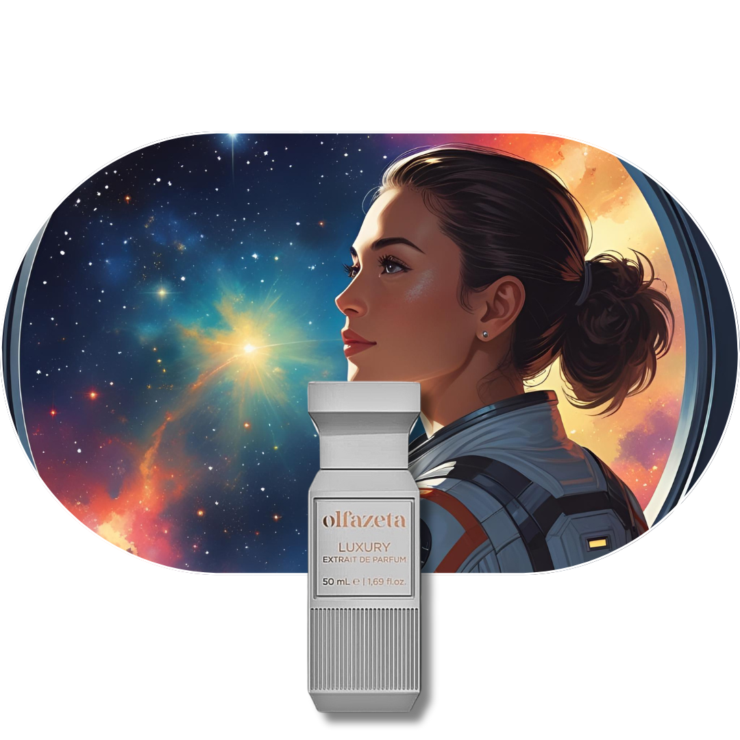 Porträt einer Frau im Raumanzug vor einem Sternenhimmel, thematisch zum Chogan Parfum Astral für Frauen, die von interstellaren Reisen und innerem Licht träumen.