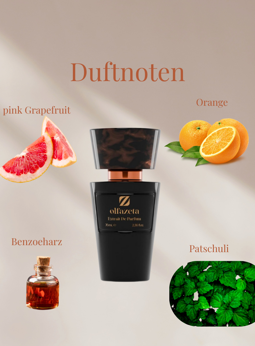 Chogan Parfum 22  mit Duftnoten von Orange, pink Grapefruit, Benzoeharz und Patchouli in schwarzer Flasche