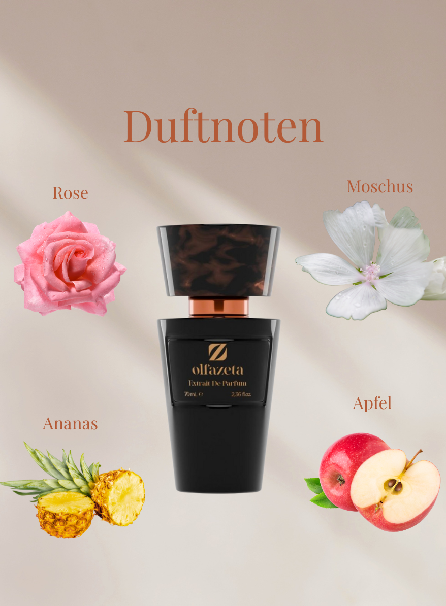 Chogan Parfum Flakon mit Duftnoten von Rose, Moschus, Ananas und Apfel auf beigem Hintergrund