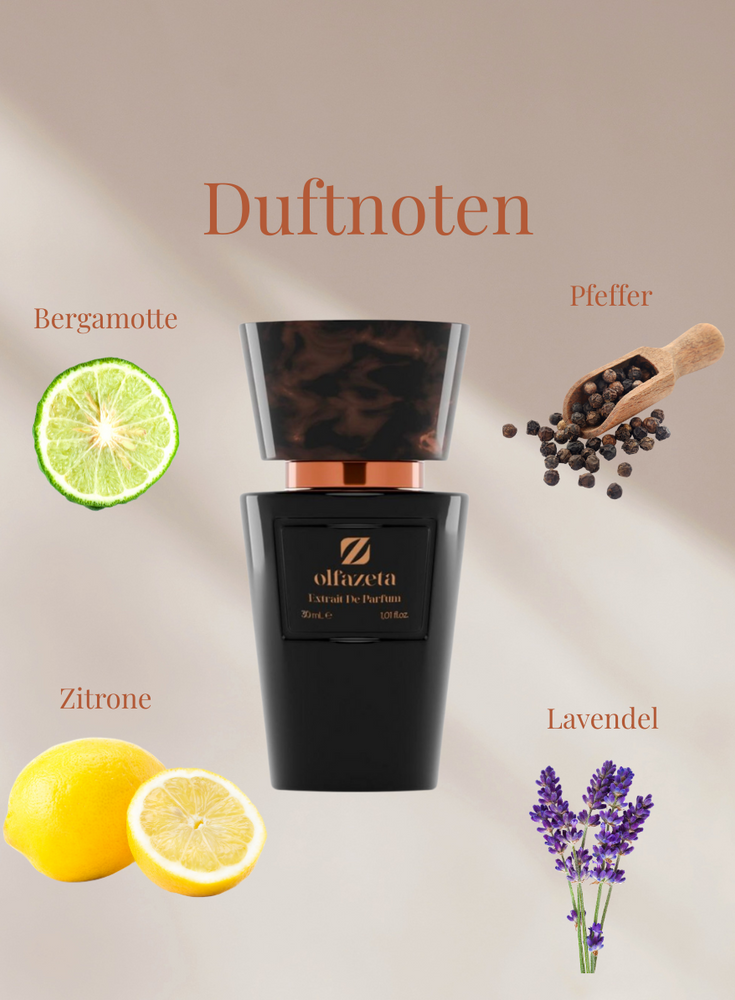 Chogan Parfum 94 Herrenparfüm mit Bergamotte, Pfeffer, Zitrone und Lavendel Duftnoten im eleganten schwarzen Flakon