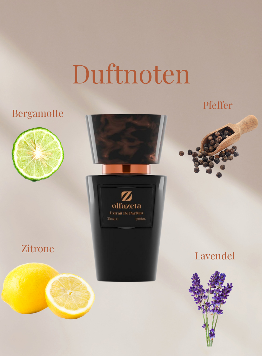 Chogan Parfum 94 Herrenparfüm mit Bergamotte, Pfeffer, Zitrone und Lavendel Duftnoten im eleganten schwarzen Flakon