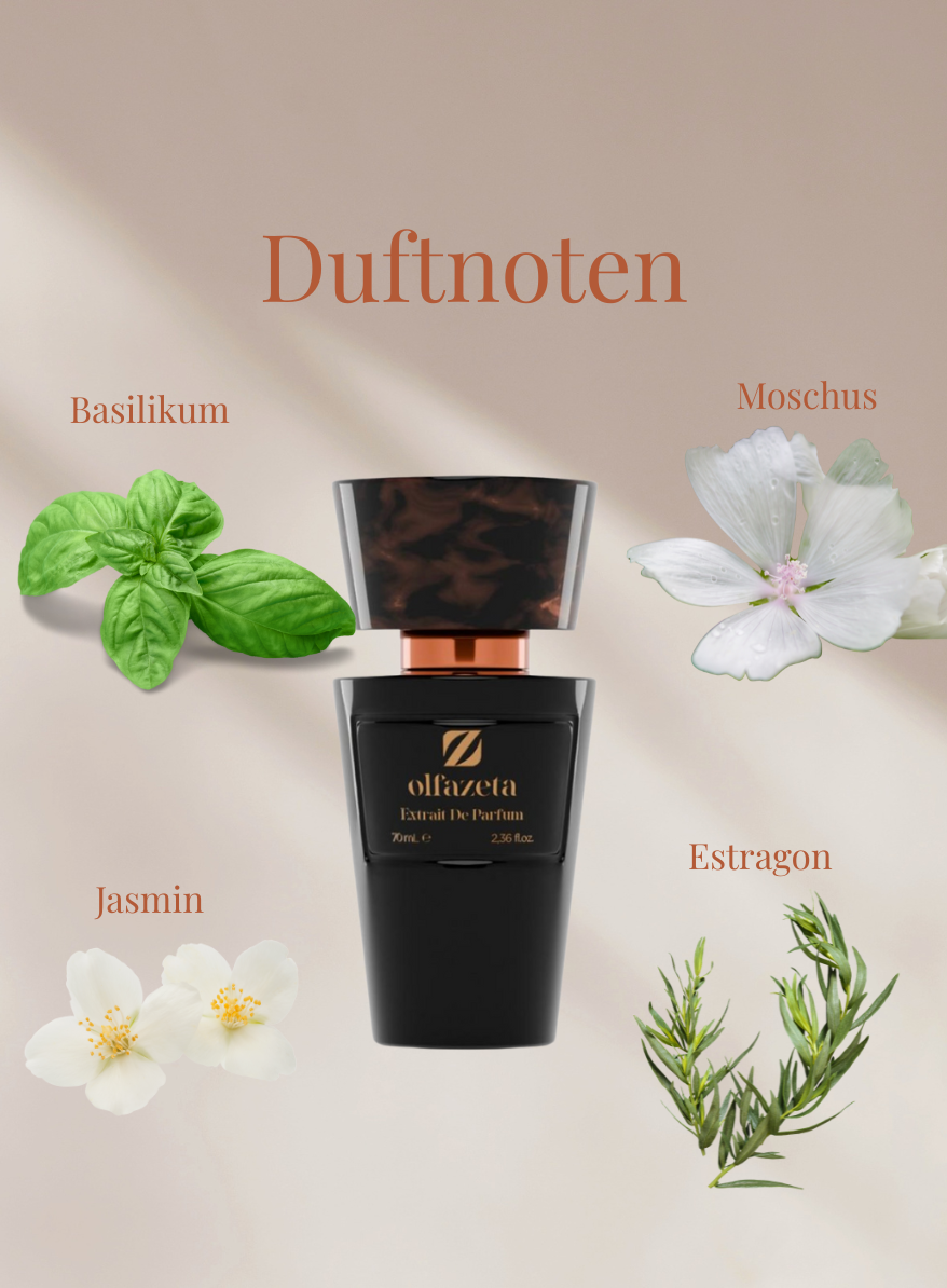 Schwarze Parfümflasche Chogan Parfum 99 mit Duftnoten Basilikum, Moschus, Jasmin und Estragon auf beigem Hintergrund