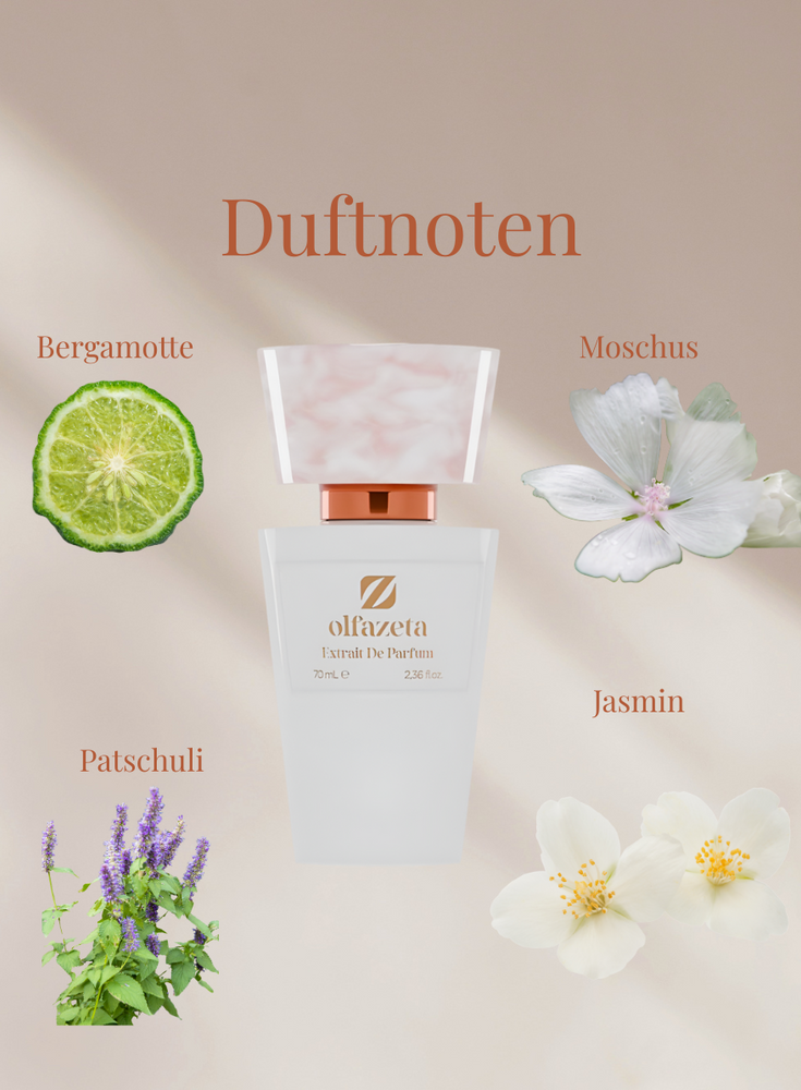 Chogan Parfum 115 weißer Flakon mit Bergamotte, Jasmin, Moschus und Patschuli Duftnoten auf beige Hintergrund