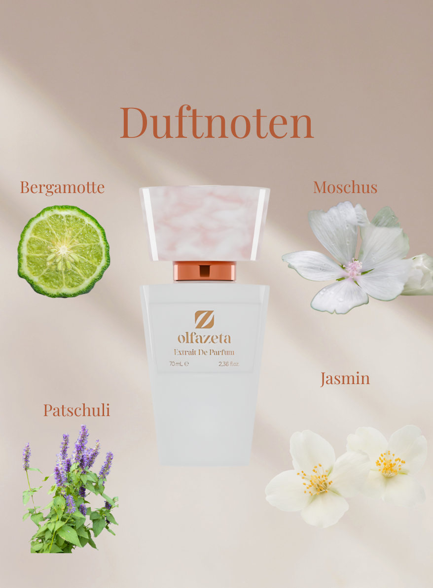 Chogan Parfum 115 weißer Flakon mit Bergamotte, Jasmin, Moschus und Patschuli Duftnoten auf beige Hintergrund