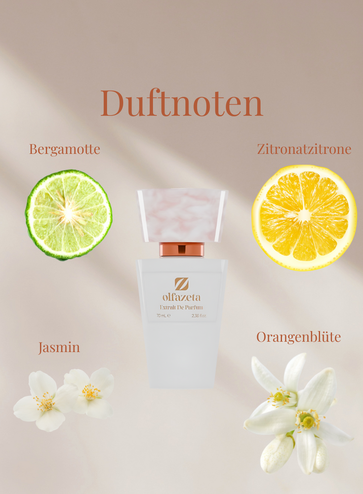Chogan Parfum Flakon umgeben von Duftnoten Bergamotte, Zitronatzitrone, Jasmin und Orangenblüte auf hellem Hintergrund