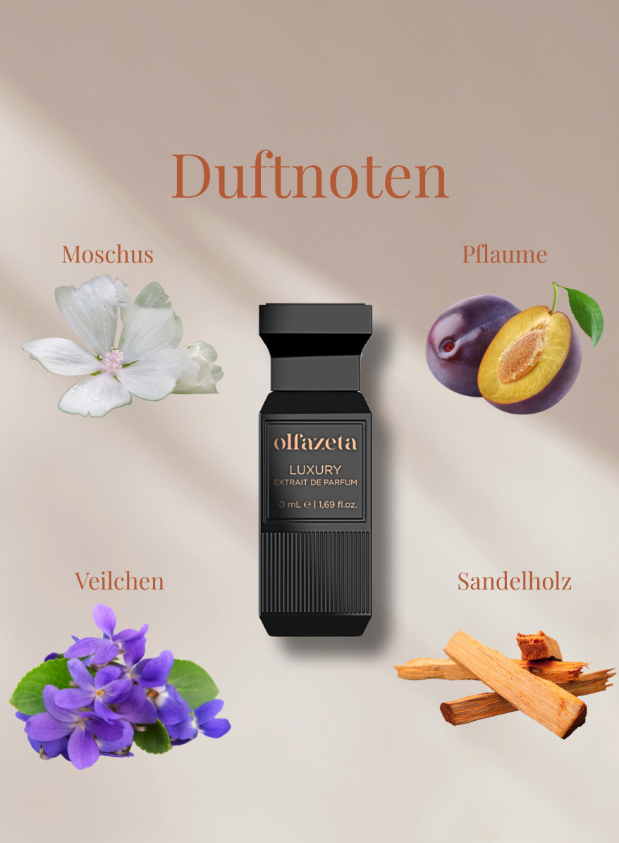 Chogan Parfum 138 Flakon umgeben von Duftnoten Moschus, Pflaume, Veilchen und Sandelholz in elegantem Design
