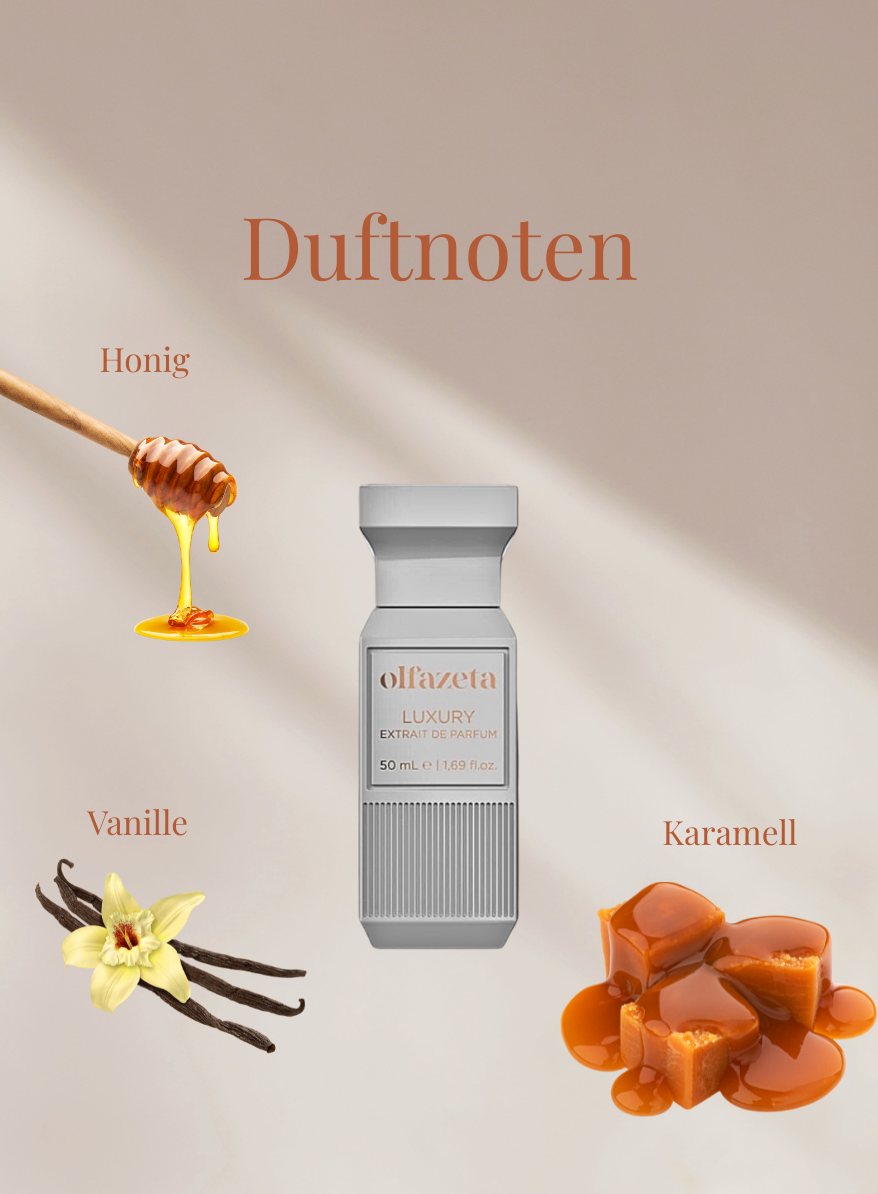 Chogan Parfum 144 Flakon mit Duftnoten Honig, Vanille und Karamell auf beige Hintergrund