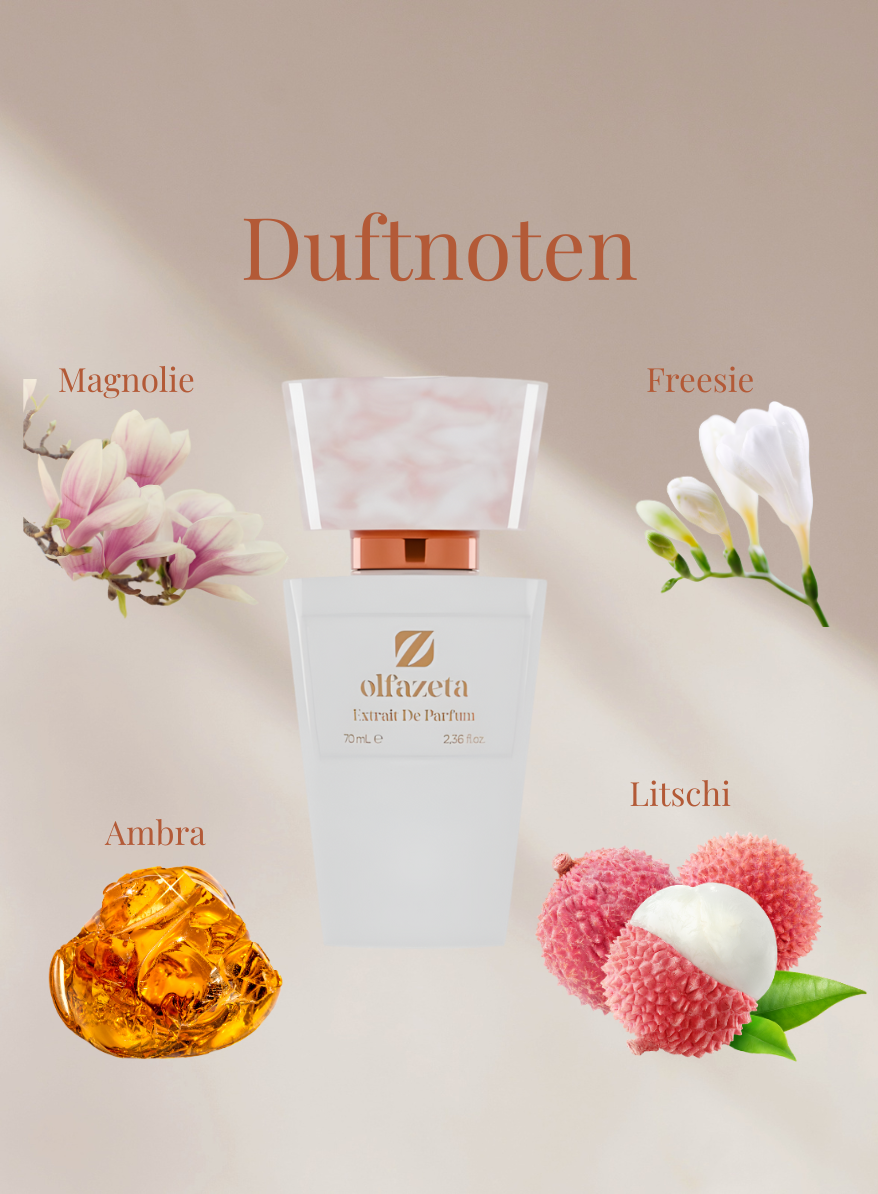 Chogan Parfum 241 Flakon mit Duftnoten Magnolie, Freesie, Litschi und Ambra auf hellem Hintergrund