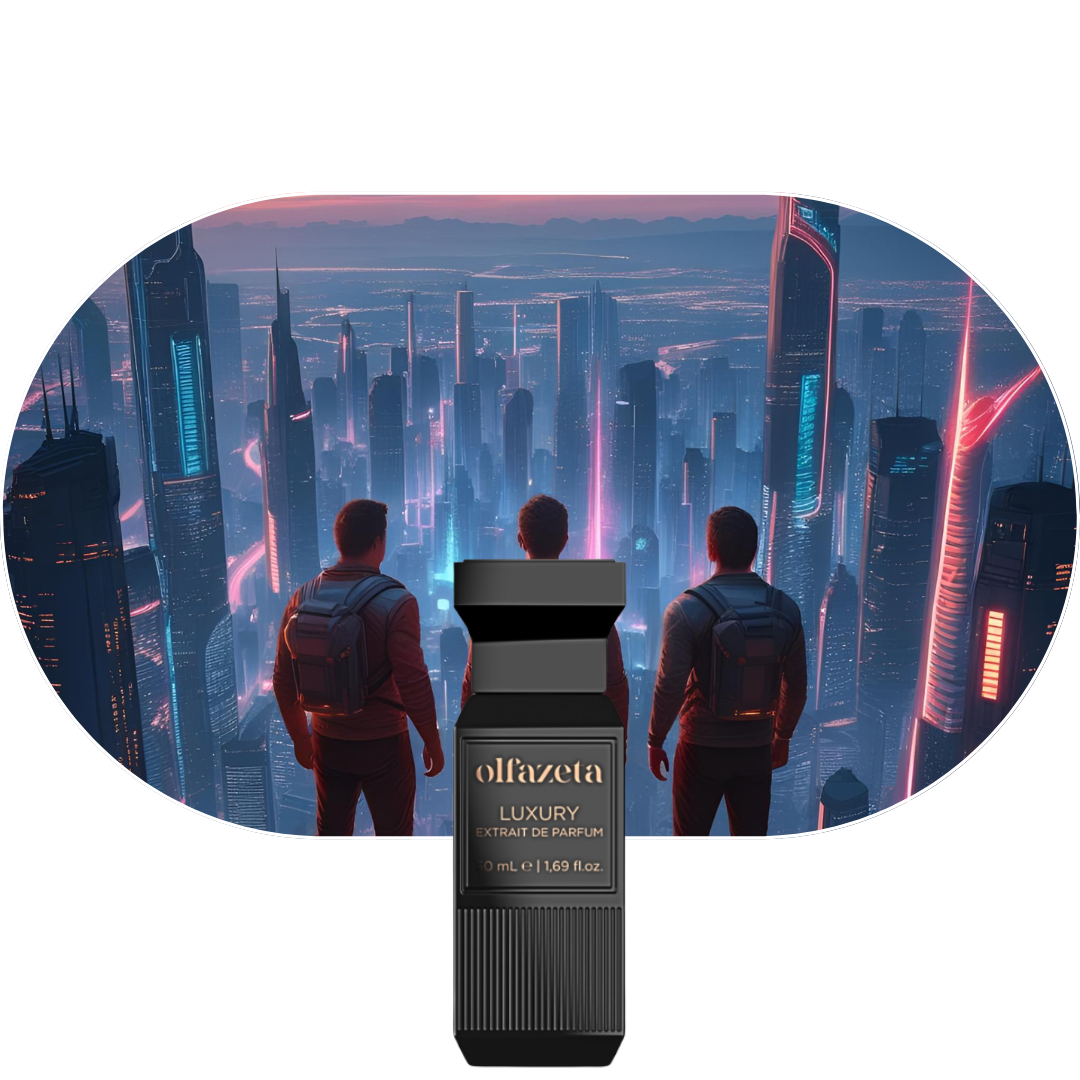 Chogan Parfum Multiverse für Männer mit Bergamotte, Kardamom, Zimt, Guajakholz, Orangenblüte, Praline, Ambra, Moschus und Vanille in einer futuristischen Stadtkulisse.